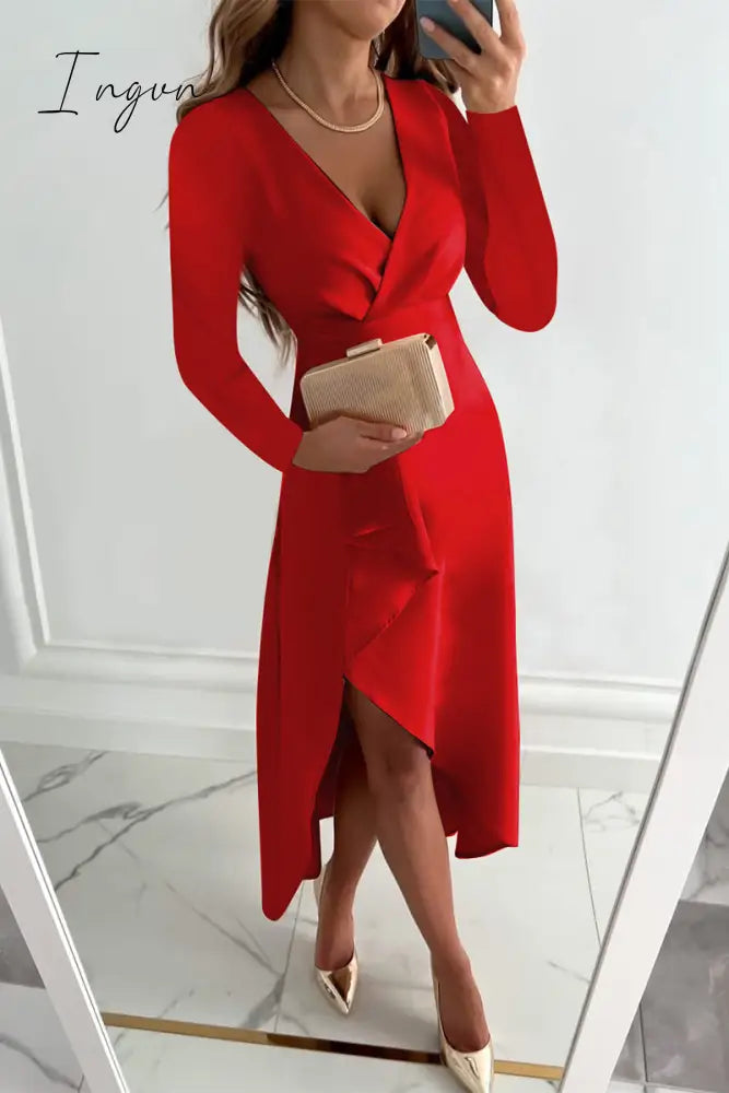 Ingvn - Fashion Solid Patchwork V Neck Asymmetrical Dresses(5 Colors) Red / S Dresses/Long Sleeve