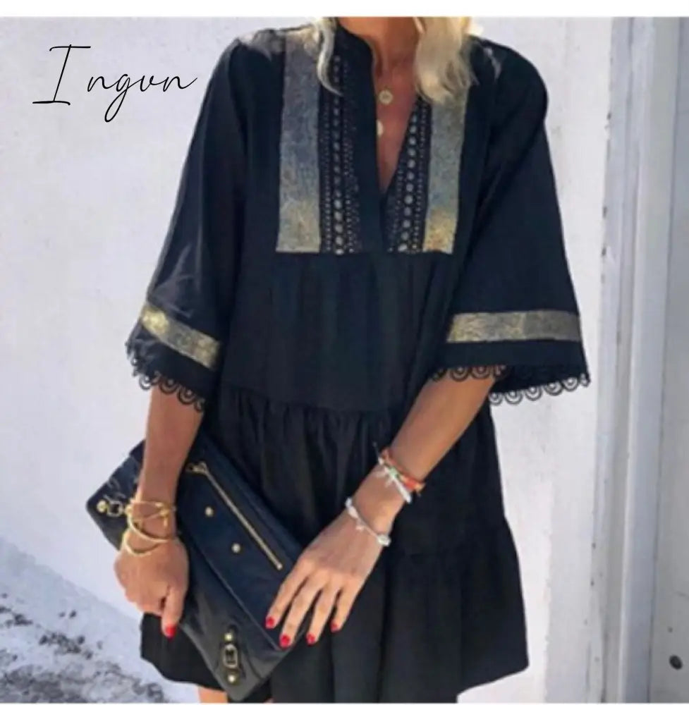 Ingvn - Fashion Tassel Sleeve Women Dress V Neck Lady Patchwork Loose Casual Empire Knee Length