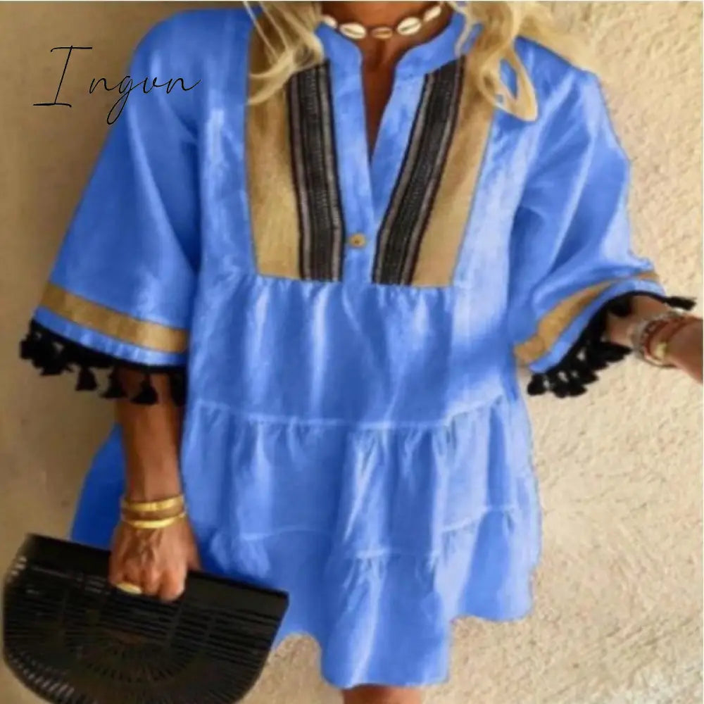 Ingvn - Fashion Tassel Sleeve Women Dress V Neck Lady Patchwork Loose Casual Empire Knee Length