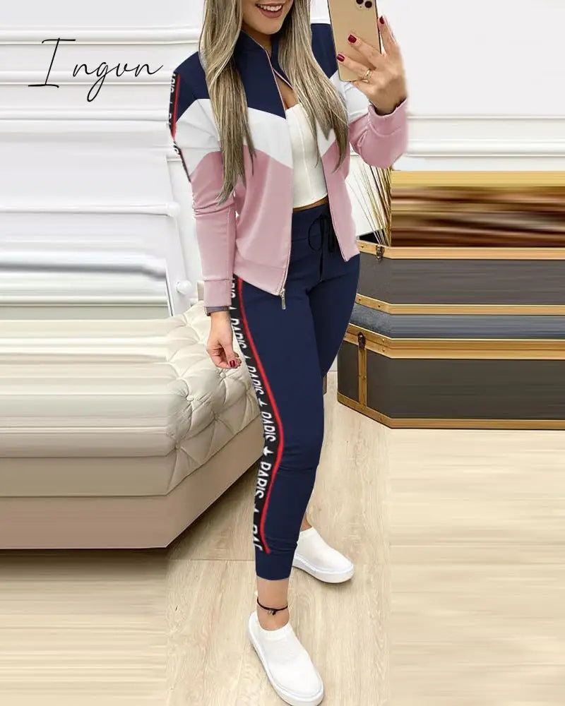 Ingvn - Fashion Tracksuit 2 Piece Set Autumn Winter Zipper Jacket + Long Pants Sports Suit Female