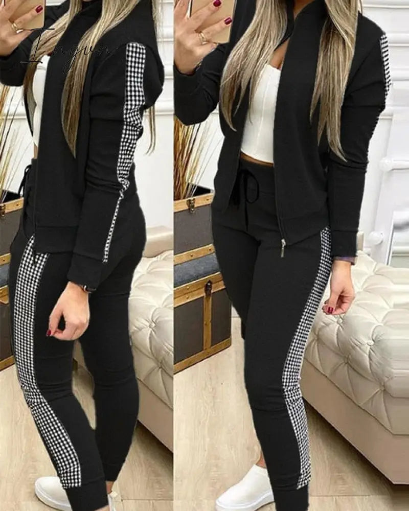 Ingvn - Fashion Tracksuit 2 Piece Set Autumn Winter Zipper Jacket + Long Pants Sports Suit Female