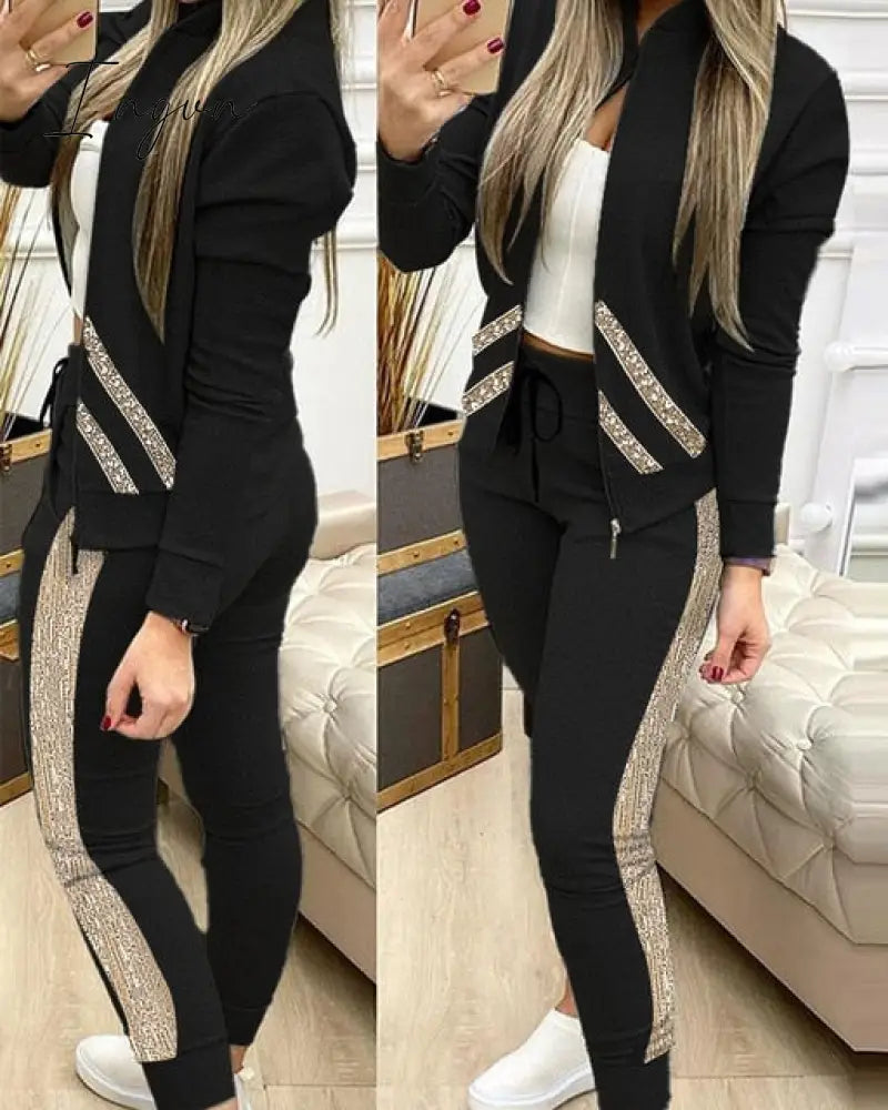 Ingvn - Fashion Tracksuit 2 Piece Set Autumn Winter Zipper Jacket + Long Pants Sports Suit Female