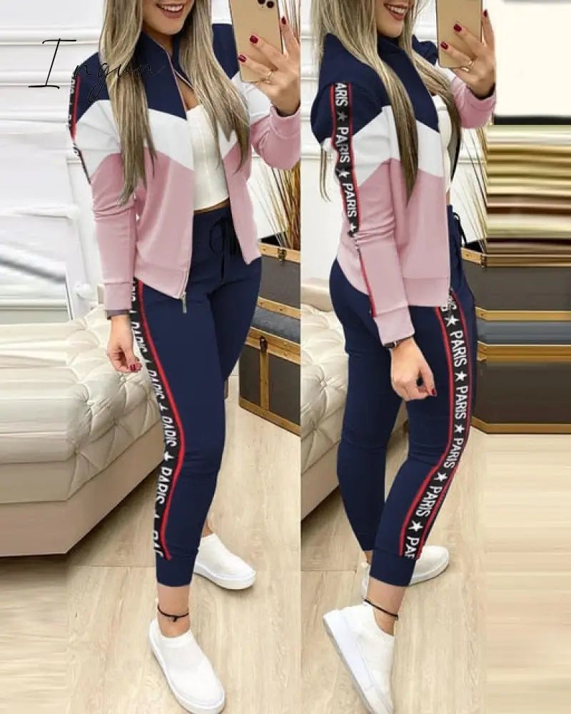 Ingvn - Fashion Tracksuit 2 Piece Set Autumn Winter Zipper Jacket + Long Pants Sports Suit Female