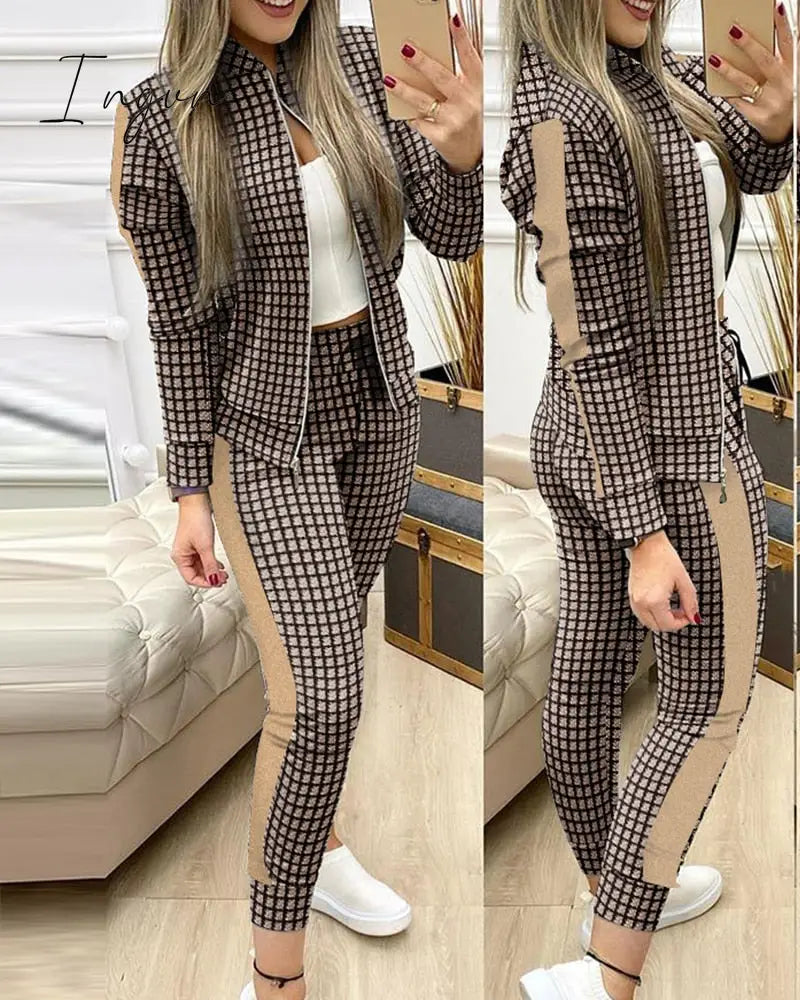 Ingvn - Fashion Tracksuit 2 Piece Set Autumn Winter Zipper Jacket + Long Pants Sports Suit Female