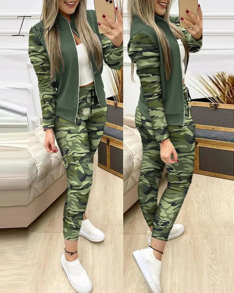 Ingvn - Fashion Tracksuit 2 Piece Set Autumn Winter Zipper Jacket + Long Pants Sports Suit Female