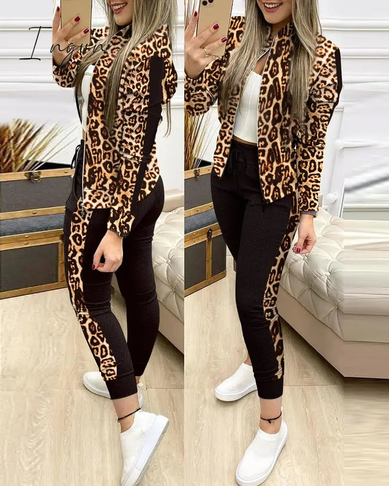 Ingvn - Fashion Tracksuit 2 Piece Set Autumn Winter Zipper Jacket + Long Pants Sports Suit Female