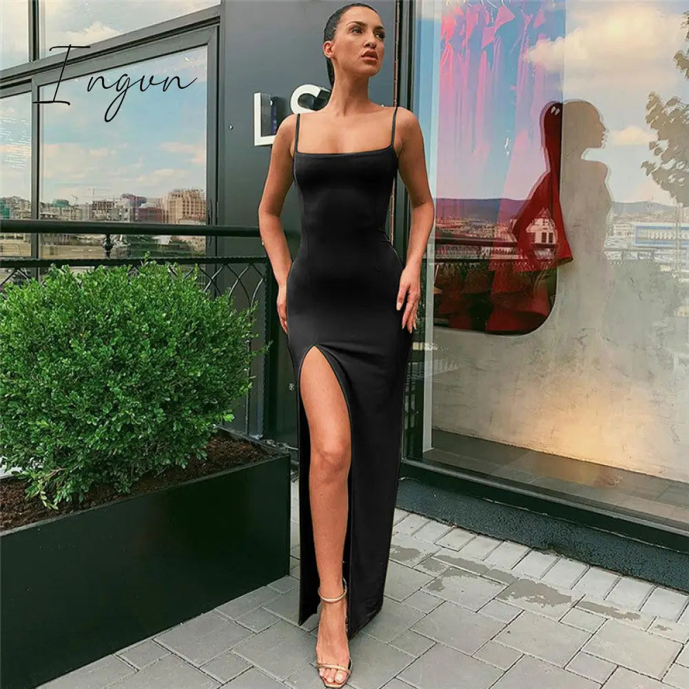Ingvn - Fashion Trends Backless Sexy Strap Split Summer Dress Women Elastic Long Dresses Sleeveless