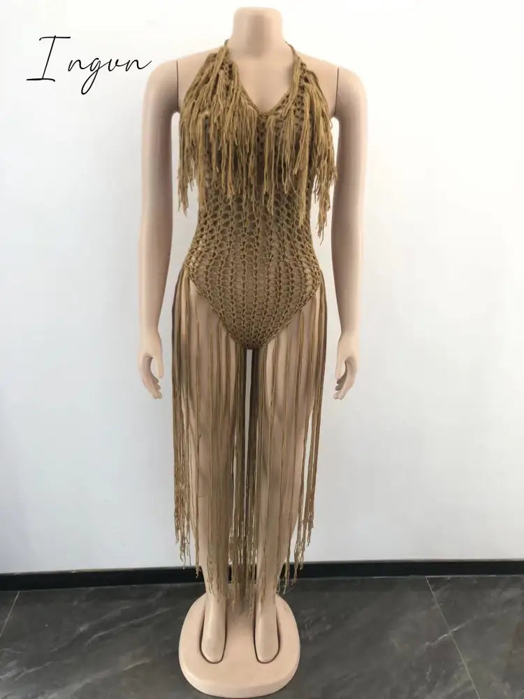 Ingvn - Fashion Trends Knit Rib Tassel Bodysuit Rompers Sexy Fishnet Halter Lace Up V Neck See