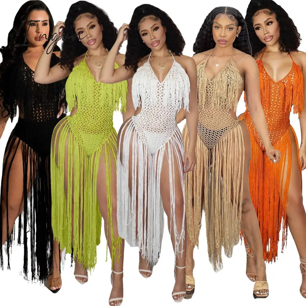 Ingvn - Fashion Trends Knit Rib Tassel Bodysuit Rompers Sexy Fishnet Halter Lace Up V Neck See