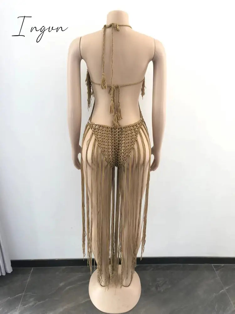 Ingvn - Fashion Trends Knit Rib Tassel Bodysuit Rompers Sexy Fishnet Halter Lace Up V Neck See