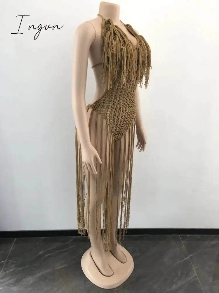 Ingvn - Fashion Trends Knit Rib Tassel Bodysuit Rompers Sexy Fishnet Halter Lace Up V Neck See