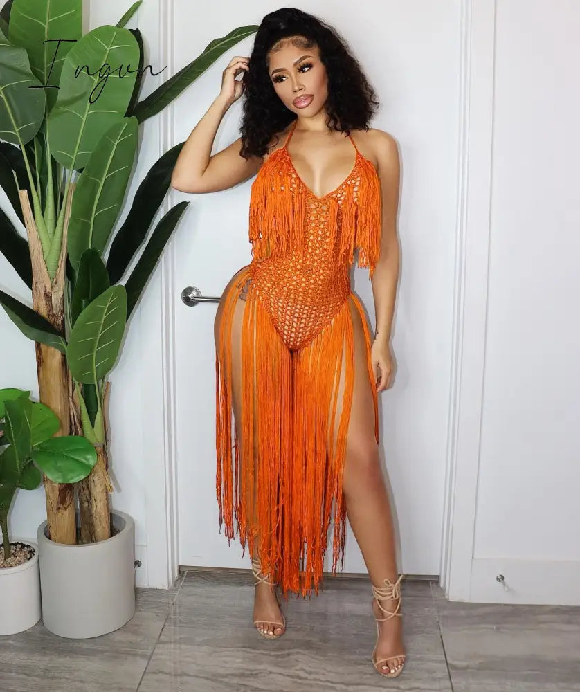 Ingvn - Fashion Trends Knit Rib Tassel Bodysuit Rompers Sexy Fishnet Halter Lace Up V Neck See