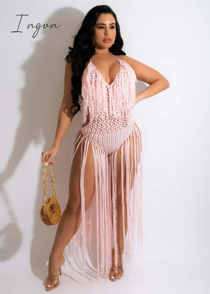Ingvn - Fashion Trends Knit Rib Tassel Bodysuit Rompers Sexy Fishnet Halter Lace Up V Neck See