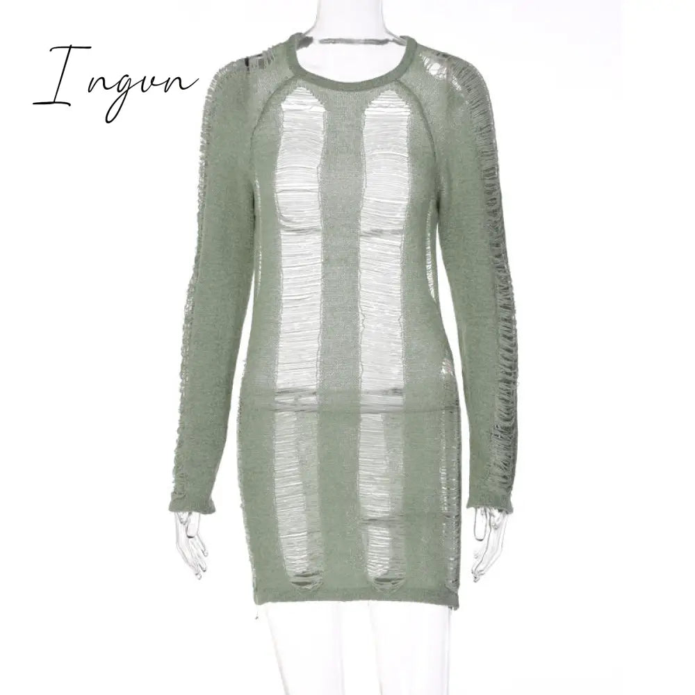 Ingvn - Fashion Trends Round Collar See Through Dress Women Sexy Long Sleeve Elegant Beachwear