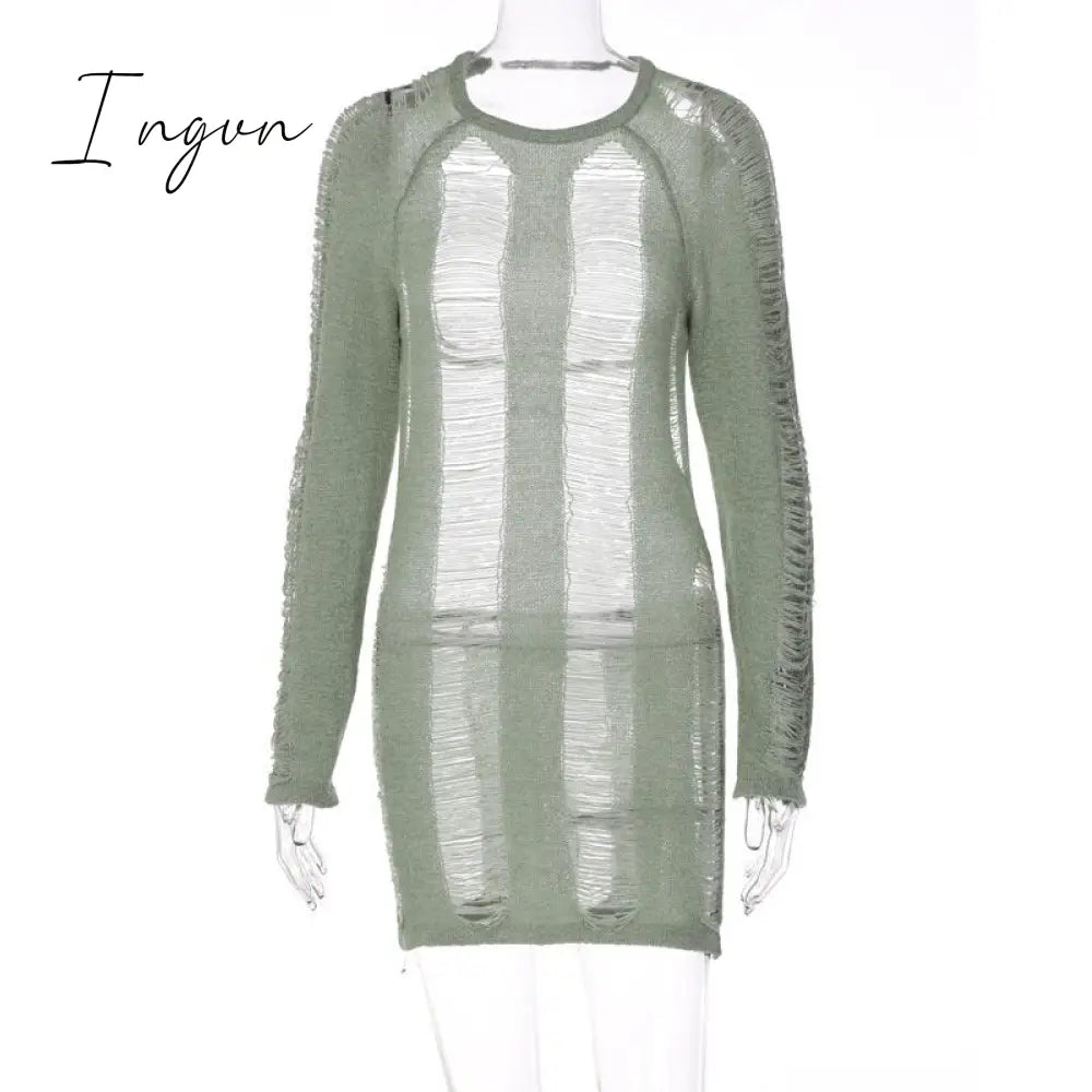 Ingvn - Fashion Trends Round Collar See Through Dress Women Sexy Long Sleeve Elegant Beachwear