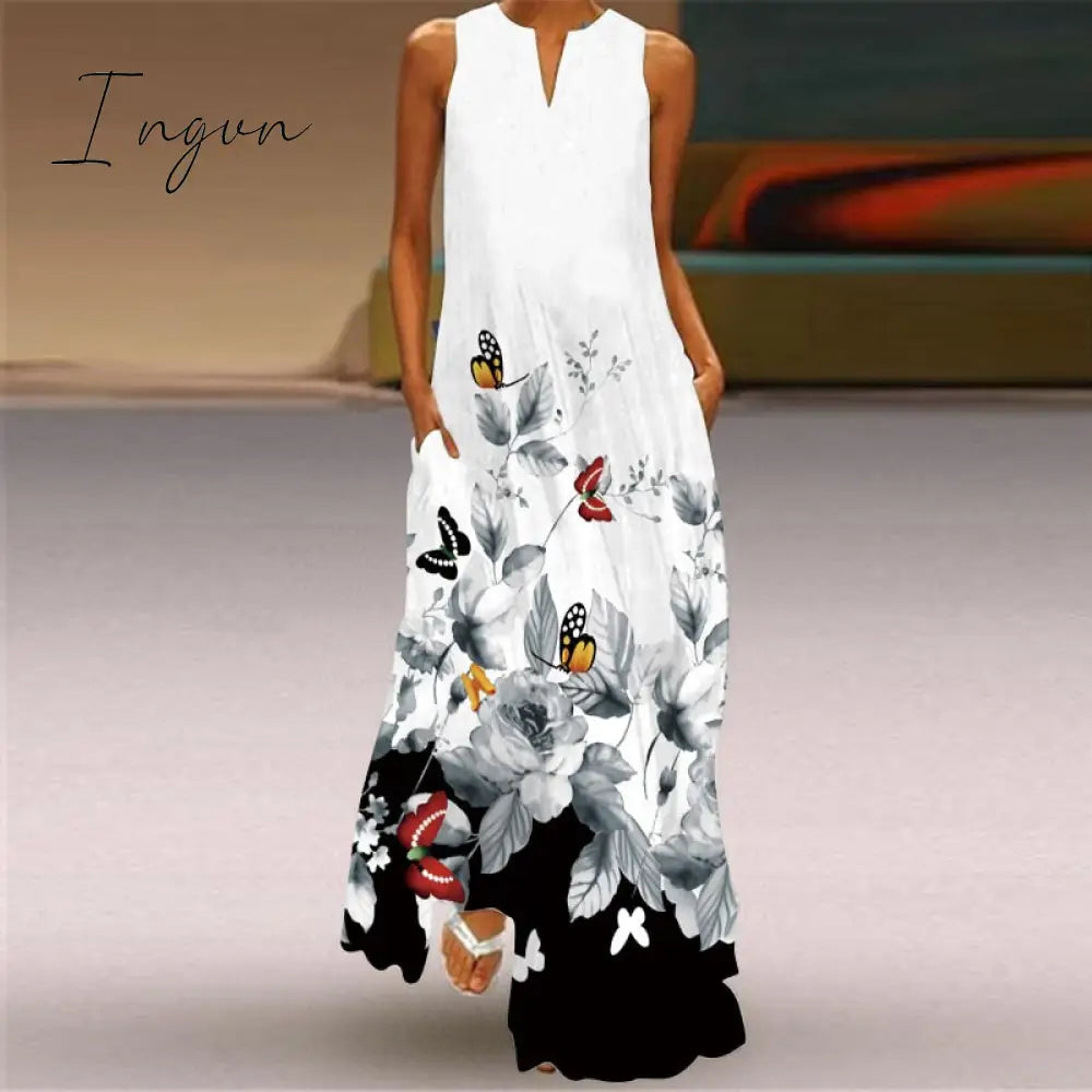 Ingvn - Fashion White Summer Dress Casual Breathable Butterfly Print Long Dresses Woman Sleeveless