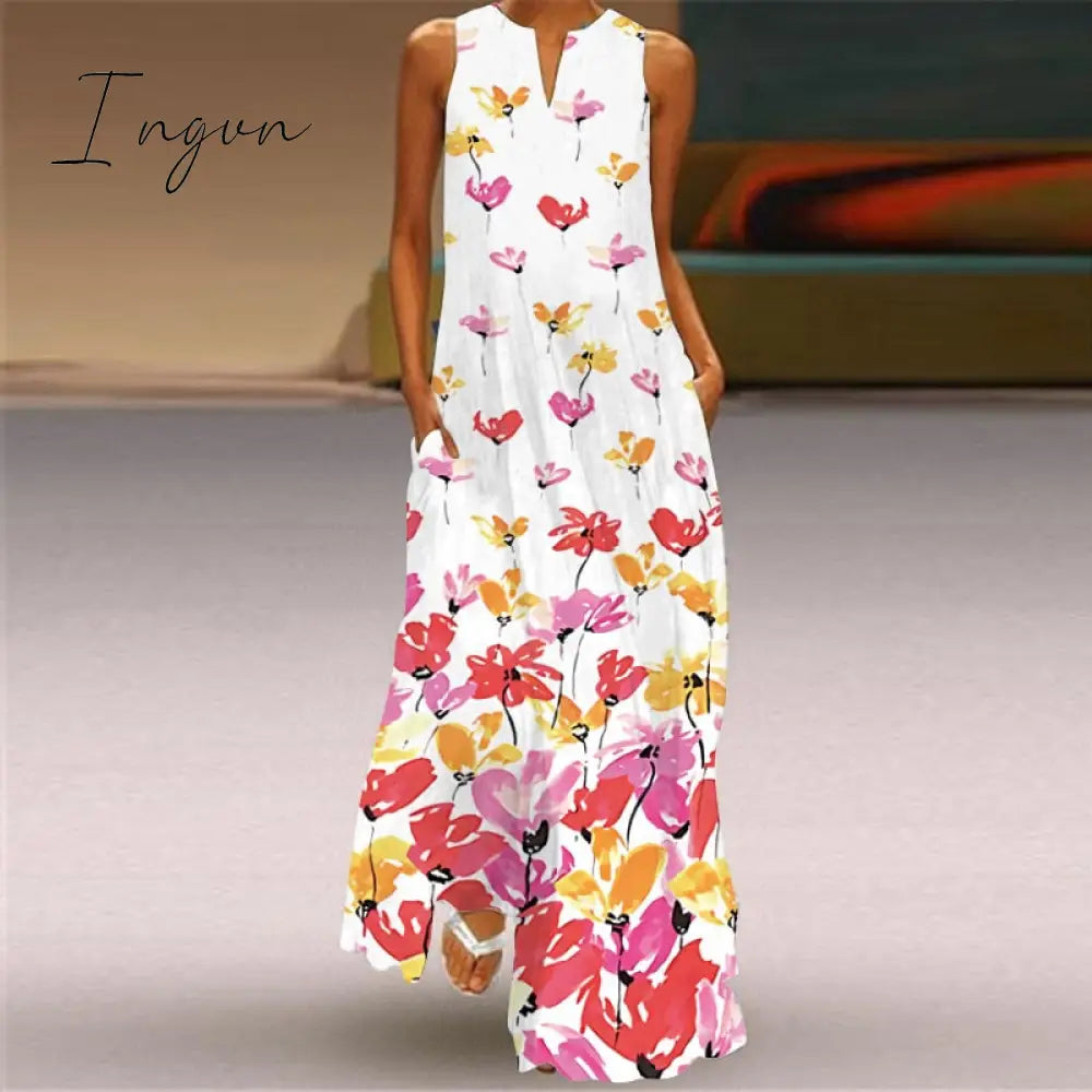 Ingvn - Fashion White Summer Dress Casual Breathable Butterfly Print Long Dresses Woman Sleeveless