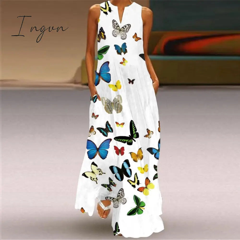 Ingvn - Fashion White Summer Dress Casual Breathable Butterfly Print Long Dresses Woman Sleeveless