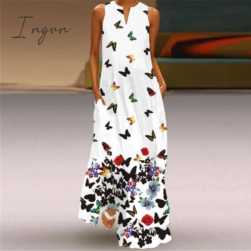 Ingvn - Fashion White Summer Dress Casual Breathable Butterfly Print Long Dresses Woman Sleeveless