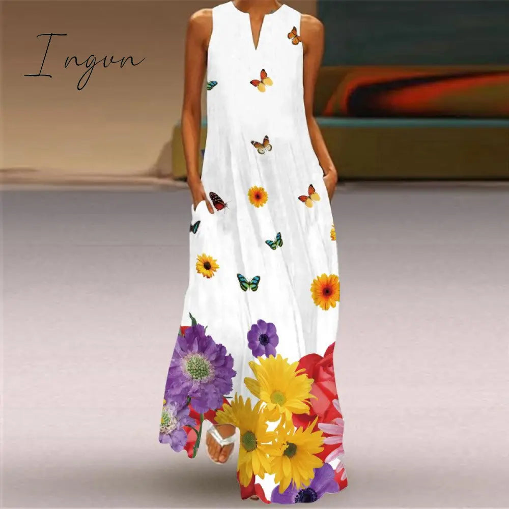 Ingvn - Fashion White Summer Dress Casual Breathable Butterfly Print Long Dresses Woman Sleeveless