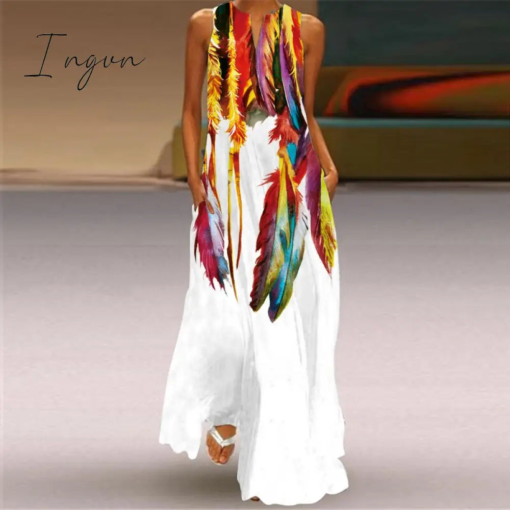 Ingvn - Fashion White Summer Dress Casual Breathable Butterfly Print Long Dresses Woman Sleeveless