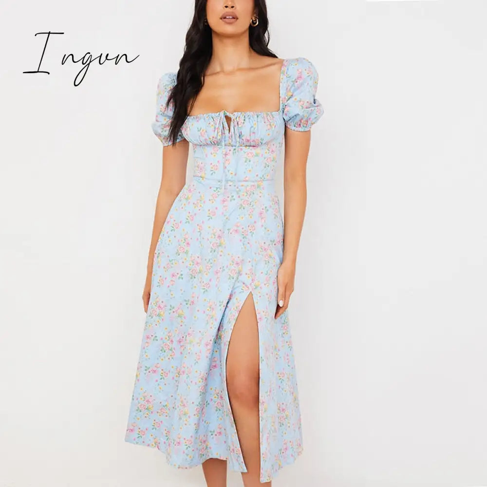 Ingvn - Floral Print Dress Sweet Square Neck Puff Sleeve Side Spilt Drawstring Maxi Dresses For