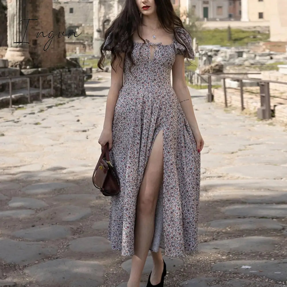 Ingvn - Floral Print Dress Sweet Square Neck Puff Sleeve Side Spilt Drawstring Maxi Dresses For