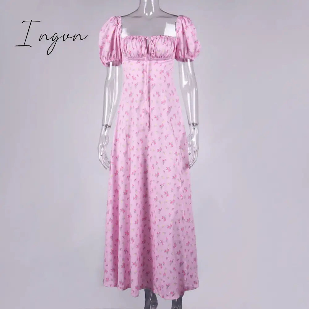 Ingvn - Floral Print Dress Sweet Square Neck Puff Sleeve Side Spilt Drawstring Maxi Dresses For