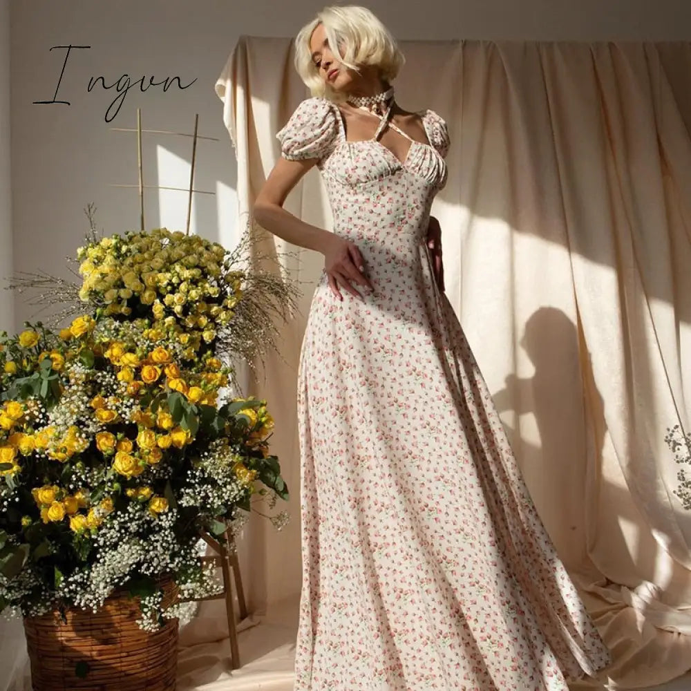 Ingvn - Floral Print Dress Sweet Square Neck Puff Sleeve Side Spilt Drawstring Maxi Dresses For