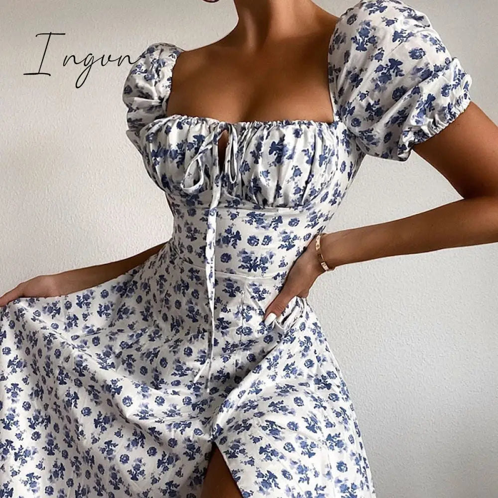 Ingvn - Floral Print Dress Sweet Square Neck Puff Sleeve Side Spilt Drawstring Maxi Dresses For