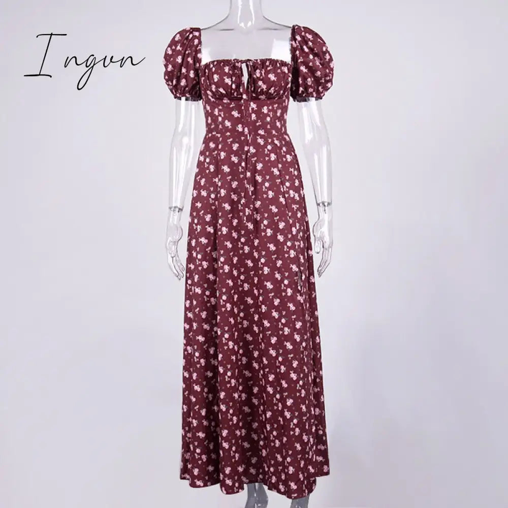 Ingvn - Floral Print Dress Sweet Square Neck Puff Sleeve Side Spilt Drawstring Maxi Dresses For