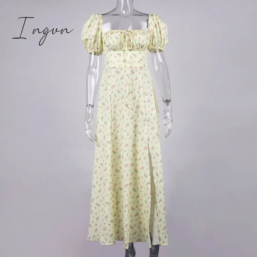 Ingvn - Floral Print Dress Sweet Square Neck Puff Sleeve Side Spilt Drawstring Maxi Dresses For