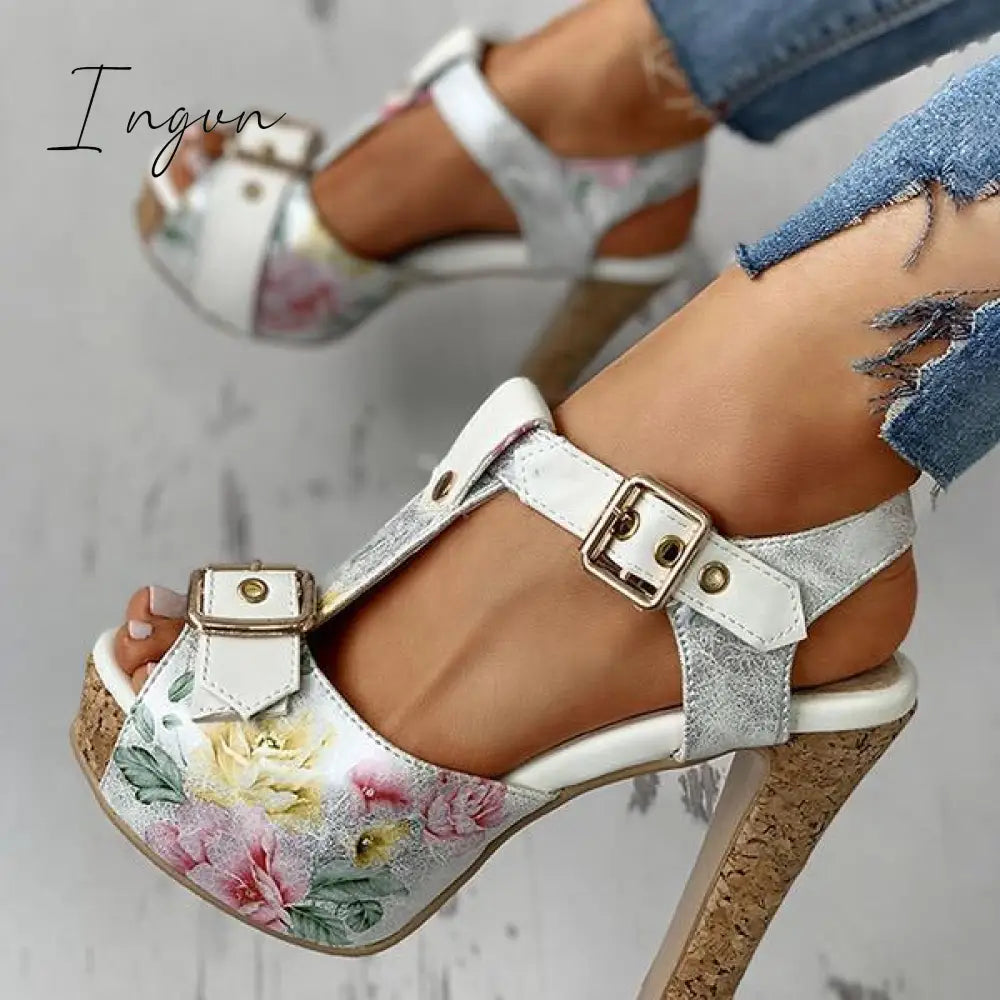 Ingvn - Flower Print Peep Toe Platform Chunky Heels Sandals