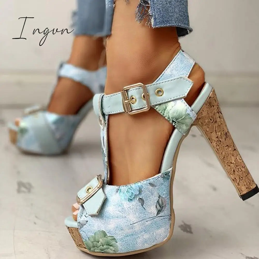 Ingvn - Flower Print Peep Toe Platform Chunky Heels Sandals