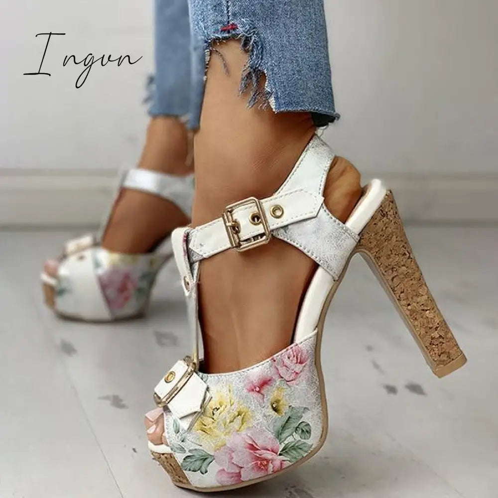 Ingvn - Flower Print Peep Toe Platform Chunky Heels Sandals