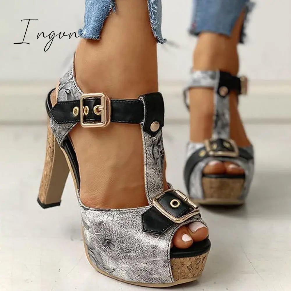 Ingvn - Flower Print Peep Toe Platform Chunky Heels Sandals