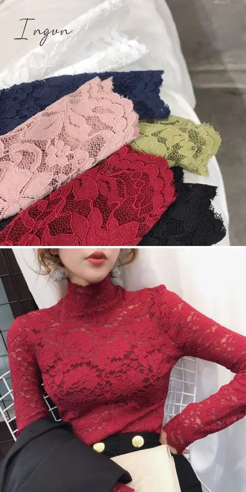 Ingvn - Gifts For Women Plus Size Women Lace Blouses Shirts Sexy Hollow Out Long Sleeve Solid