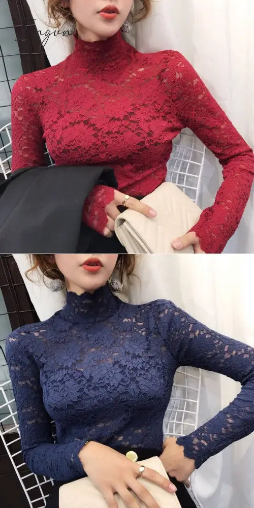 Ingvn - Gifts For Women Plus Size Women Lace Blouses Shirts Sexy Hollow Out Long Sleeve Solid