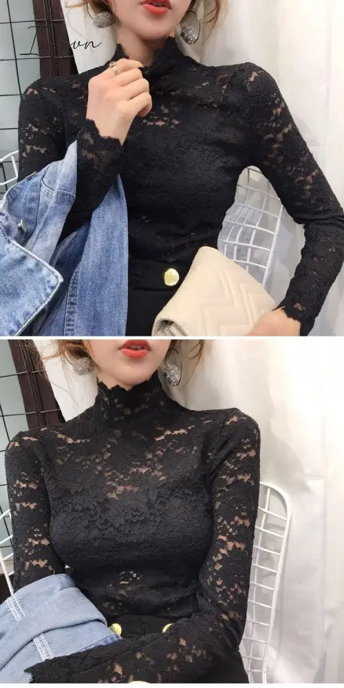 Ingvn - Gifts For Women Plus Size Women Lace Blouses Shirts Sexy Hollow Out Long Sleeve Solid