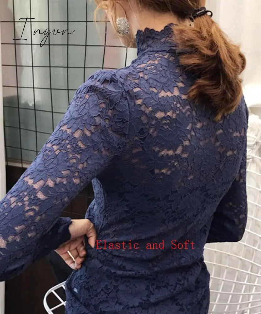 Ingvn - Gifts For Women Plus Size Women Lace Blouses Shirts Sexy Hollow Out Long Sleeve Solid