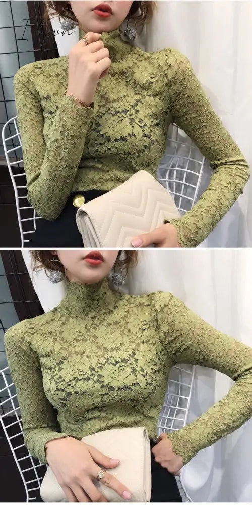 Ingvn - Gifts For Women Plus Size Women Lace Blouses Shirts Sexy Hollow Out Long Sleeve Solid