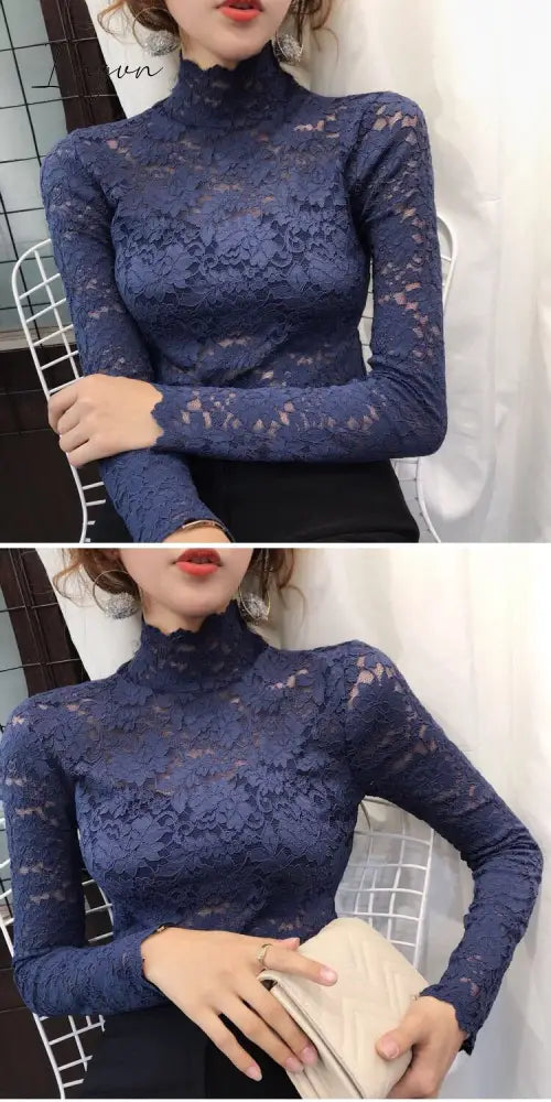 Ingvn - Gifts For Women Plus Size Women Lace Blouses Shirts Sexy Hollow Out Long Sleeve Solid