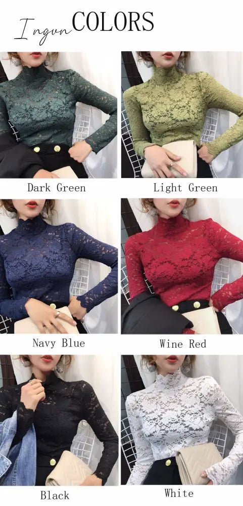 Ingvn - Gifts For Women Plus Size Women Lace Blouses Shirts Sexy Hollow Out Long Sleeve Solid