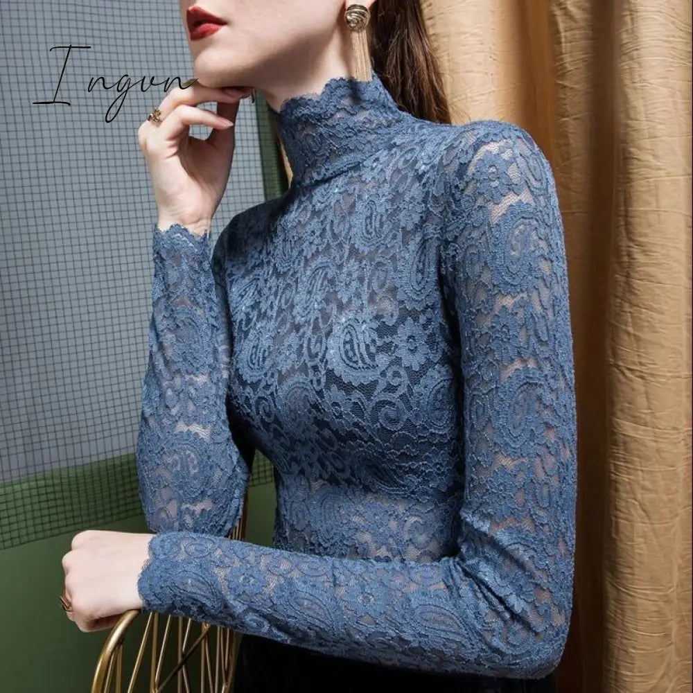 Ingvn - Gifts For Women Plus Size Women Lace Blouses Shirts Sexy Hollow Out Long Sleeve Solid