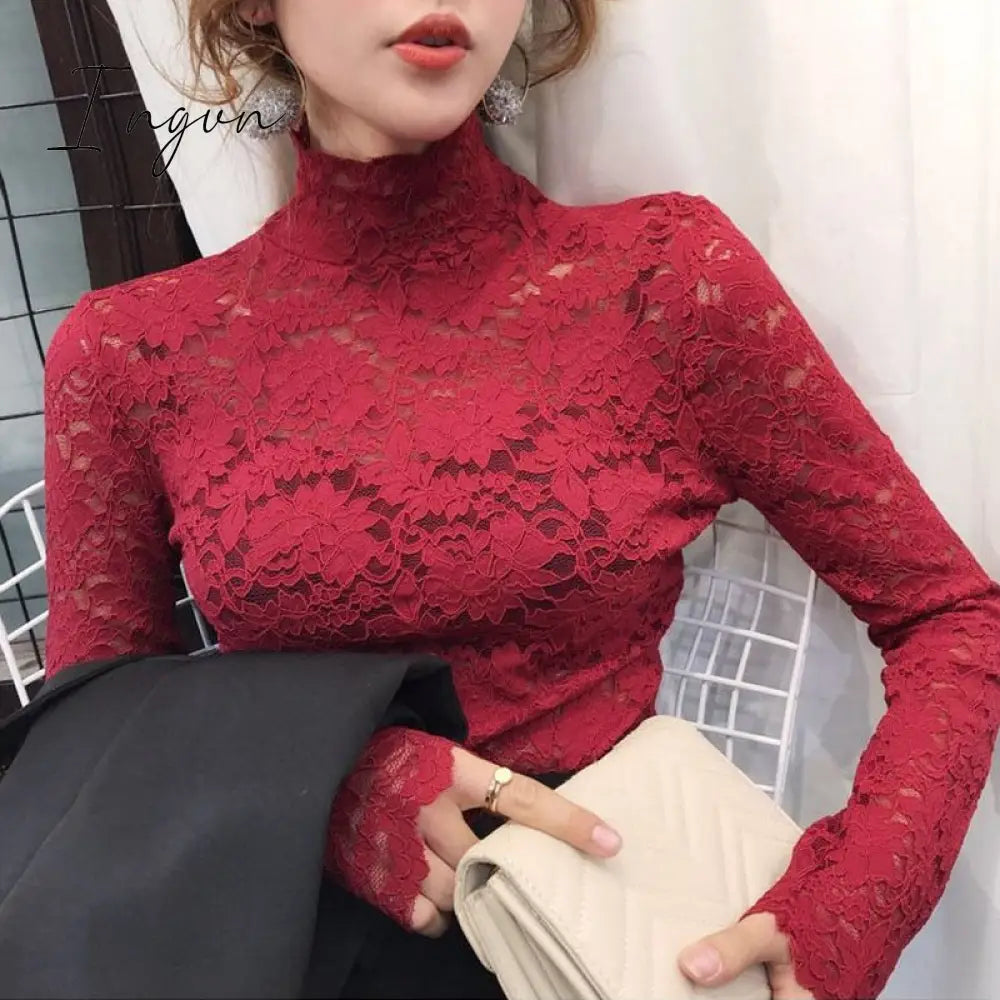 Ingvn - Gifts For Women Plus Size Women Lace Blouses Shirts Sexy Hollow Out Long Sleeve Solid