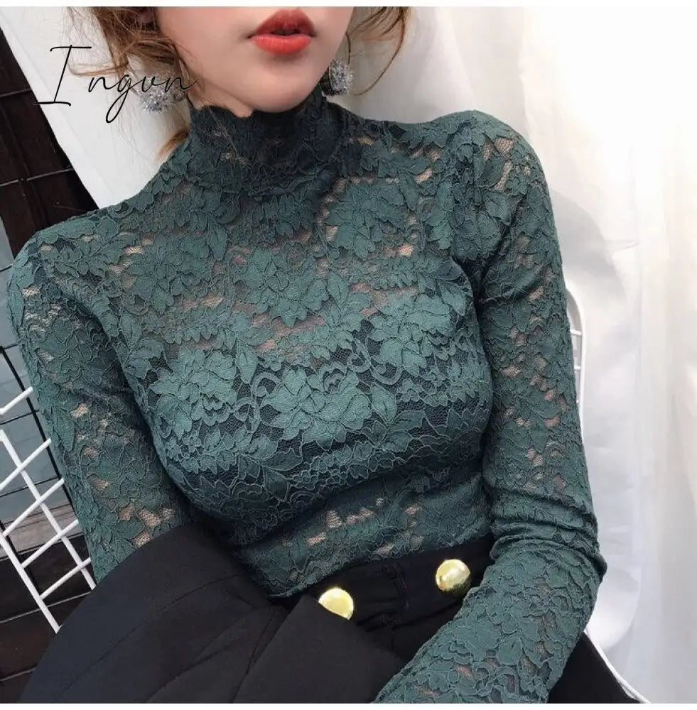 Ingvn - Gifts For Women Plus Size Women Lace Blouses Shirts Sexy Hollow Out Long Sleeve Solid