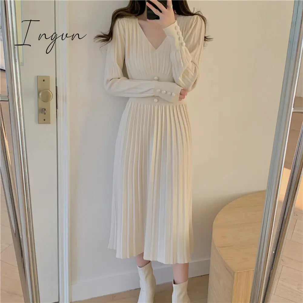 Ingvn - Gifts For Women Winter Night Out Outfit Elegant Chic Pleated Sweater Dress Women’s Slim