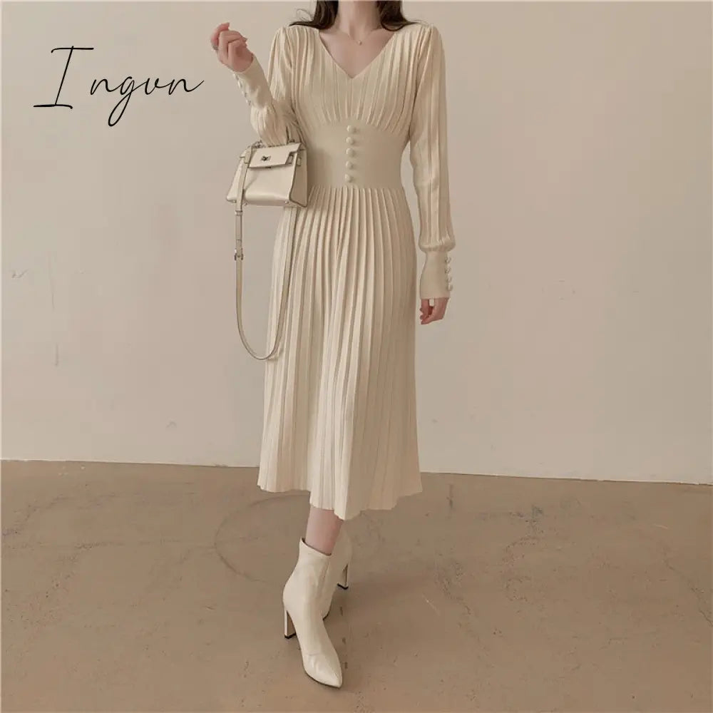 Ingvn - Gifts For Women Winter Night Out Outfit Elegant Chic Pleated Sweater Dress Women’s Slim