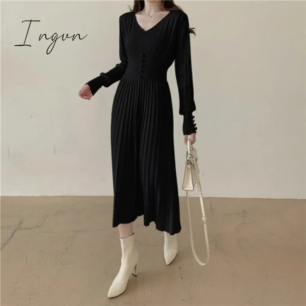 Ingvn - Gifts For Women Winter Night Out Outfit Elegant Chic Pleated Sweater Dress Women’s Slim