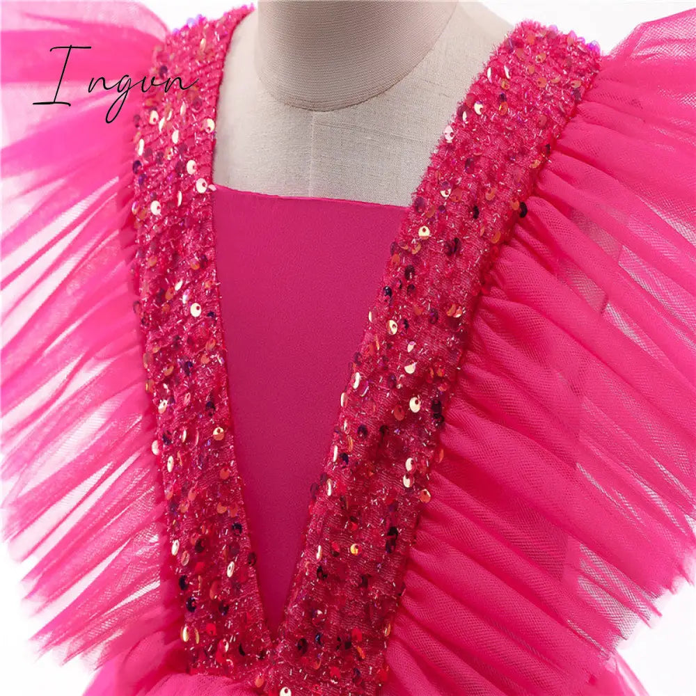 Ingvn - Girls Ruffles Princess Dress For Kids Wedding Elegant Party Tutu Prom Gown Children